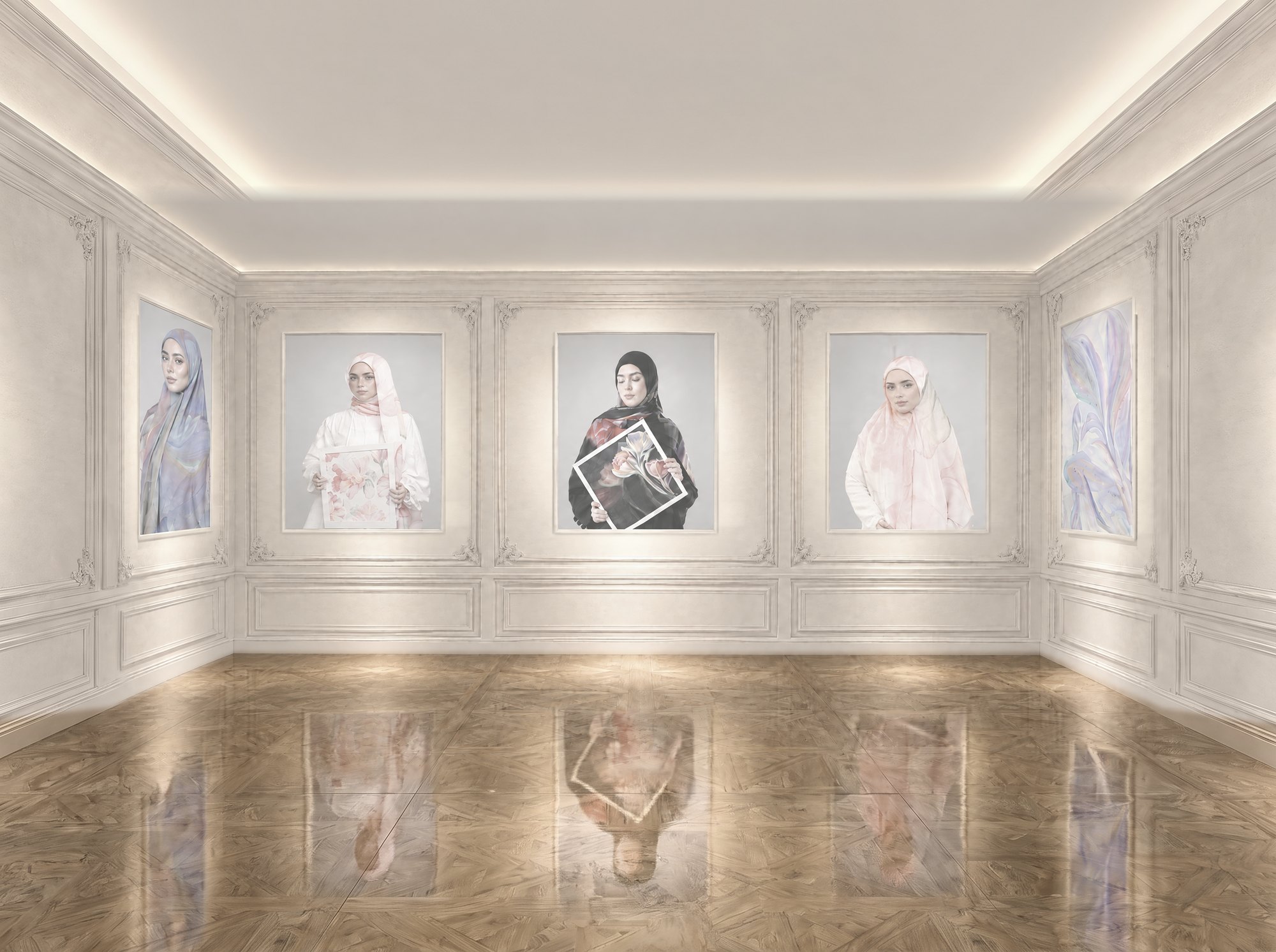 The ALEF gallery: a French-panelled room with five framed portraits