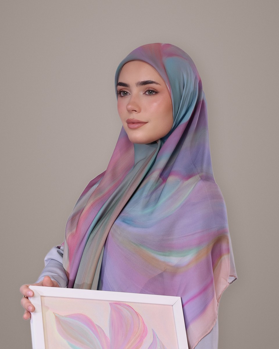 The model wearing the Opal Bloom silk scarf