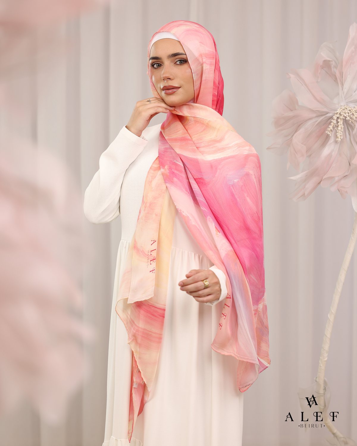 The Rose Marble silk scarf, on a white dress