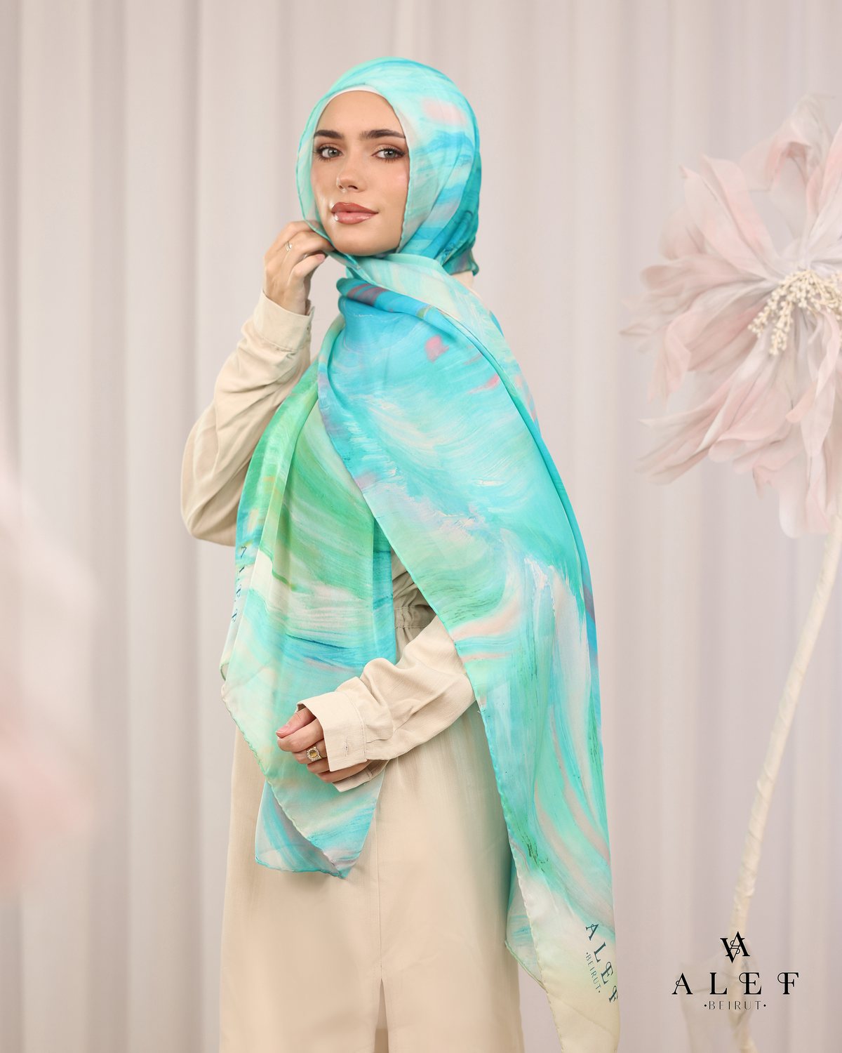 The Sea Glass silk scarf, with a sand shirt dress