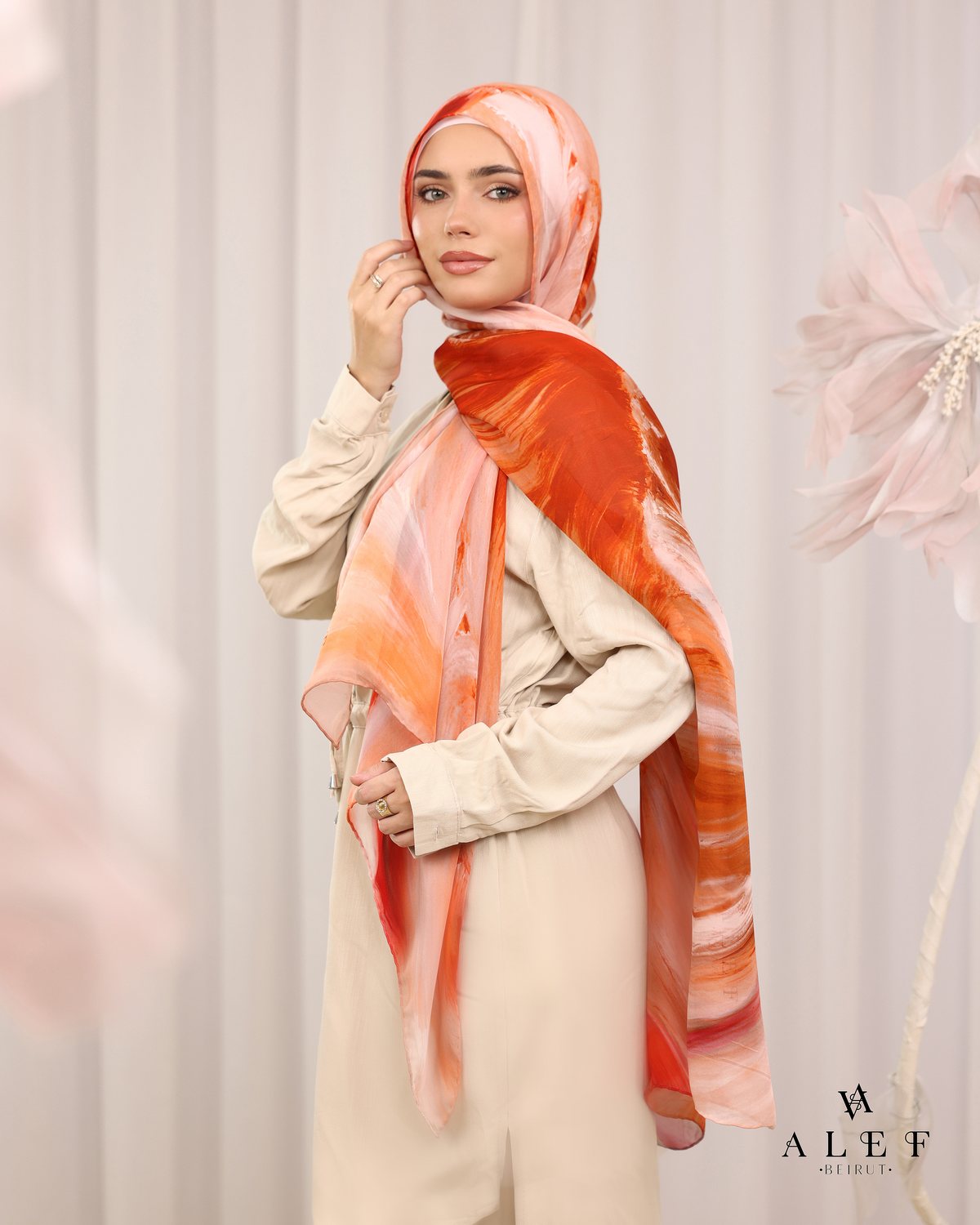 The Ember silk scarf, with a sand shirt dress