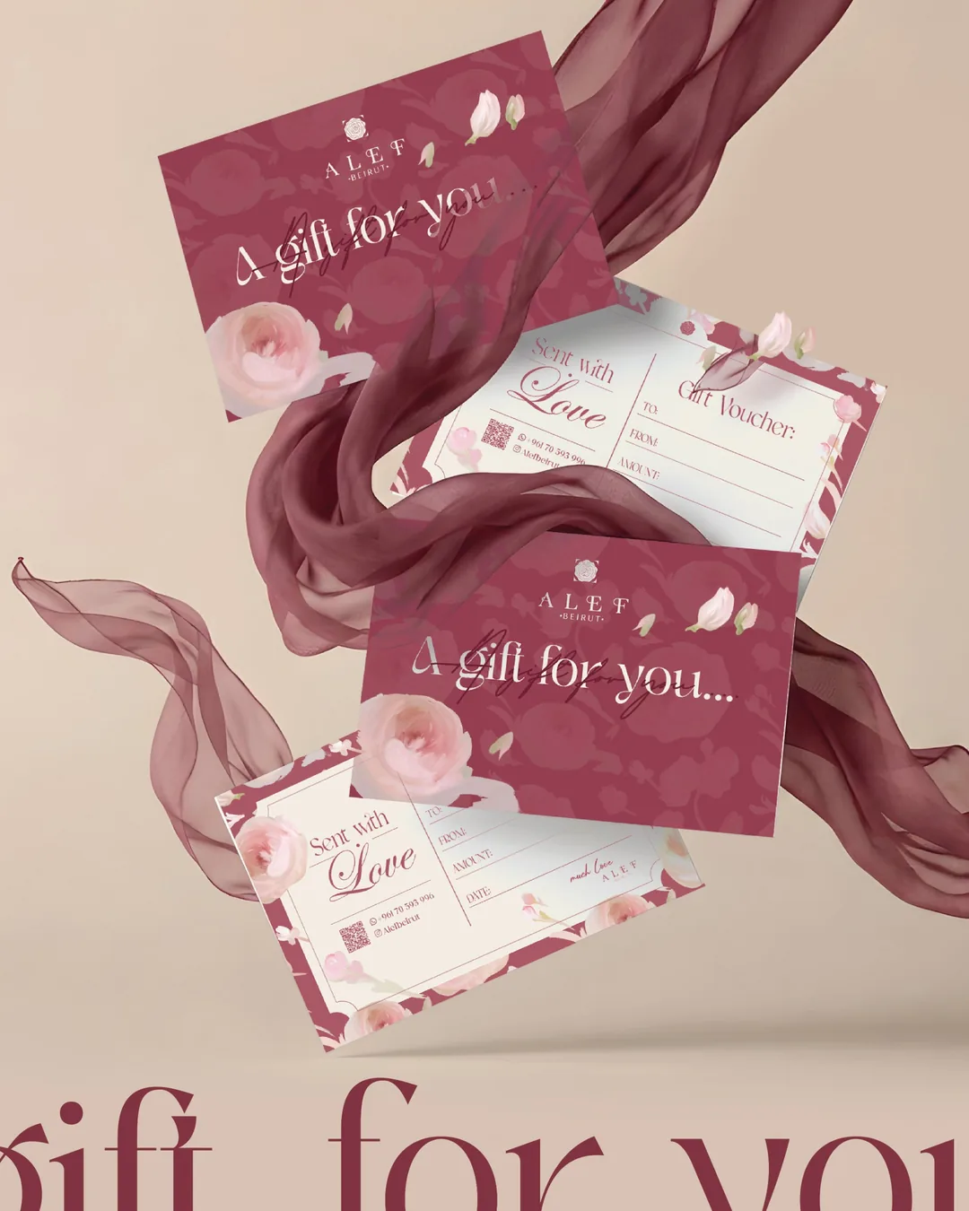 ALEF gift voucher cards with a wine silk scarf