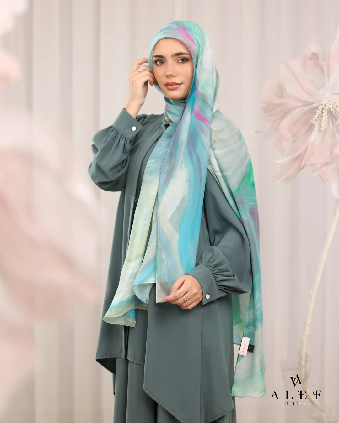 Mint and rose silk over a sage abaya
