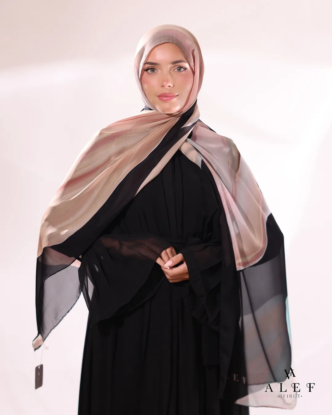 Ocean, Pure silk mandil, Beige on black